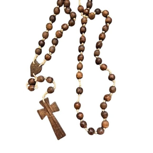 Handcrafted Wooden Rosary Necklace With Cross & Heart Pendants Natural Wood Bead - Picture 1 of 7